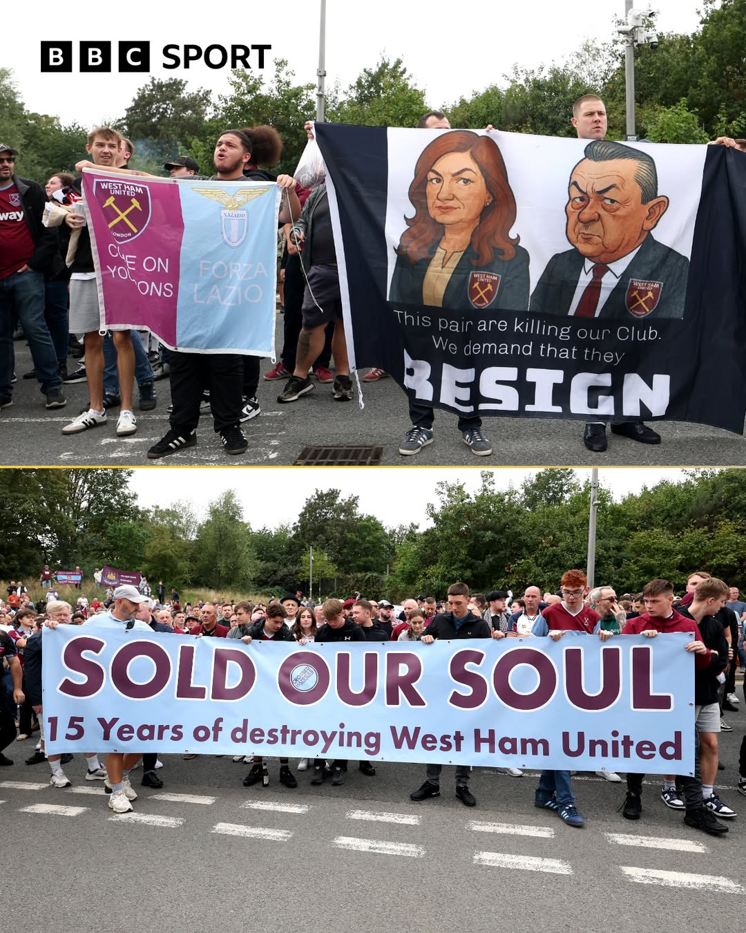 Abafana ba West Ham United bakunze gukora imyigaragambyo yamagana Peresida David Sullivan na visi Peresida Karren Brady kubera kwimukira kuri London Stadium .