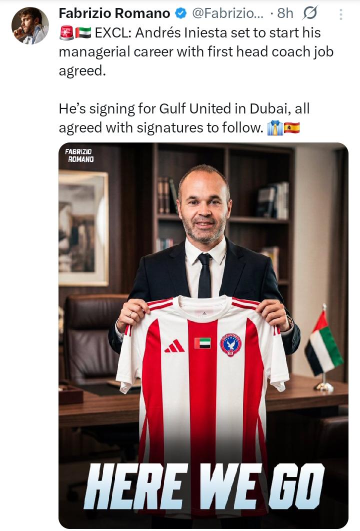 Umunyamakuru rurangiranwa mu gutangaza amakuru agezweho y’imikino, Fabrizio Romano kurukuta rwe rwa X yatangajeko Andrés Iniesta Luján asigaye gushyira umukono ku masezerano yogutoza ikipe ya Gulf United