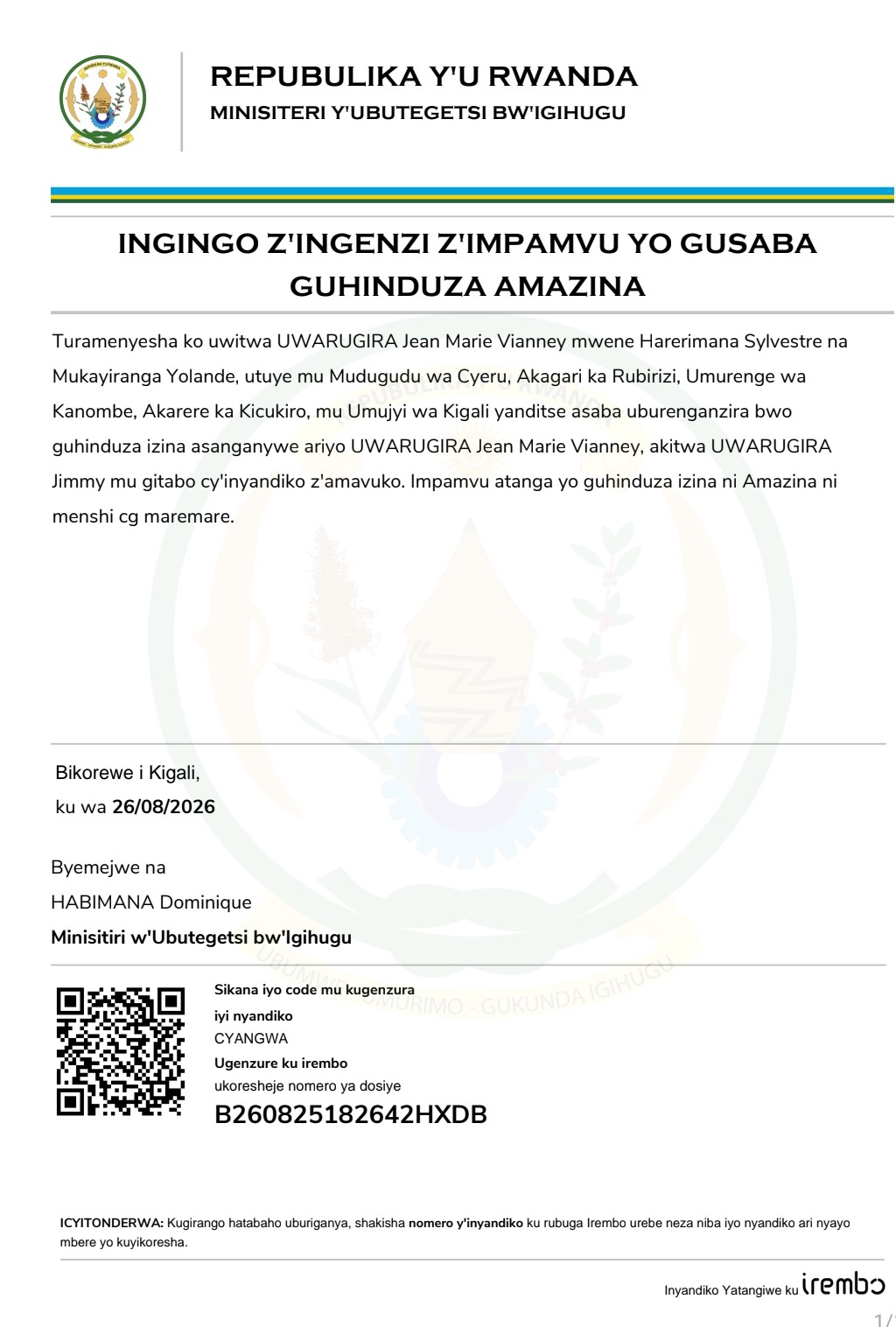 ITANGAZO RYO GUHINDURA AMAZINA